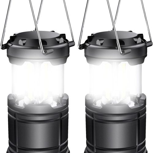2 Pack LED Battery Operated Lights, Portable Survival Battery Powered Lamp, Waterproof Camping Lantern, Suitable for Hurricane, Emergency, Storm, Outages, Outdoor Collapsible Lanterns, Black