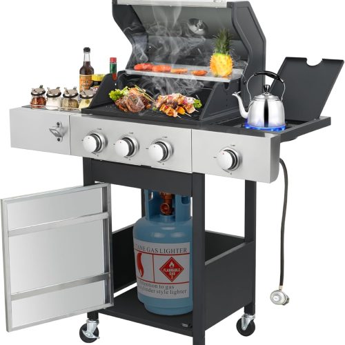 3-Burner Propane Gas Grill with Side Burner & Porcelain-Enameled Cast Iron Grates, 37230 BTU Output Stainless Steel BBQ Grill for Outdoor Camping Barbecue for Patio, Garden, Backyard