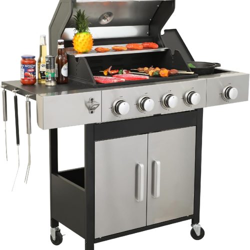 4 Burner Propane Gas Grill with Side Burner & Porcelain-Enameled Cast Iron Grates & Grids, 46790BTU Output Stainless Steel BBQ Grill for Outdoor Cooking Camping Barbecue Grill for Patio