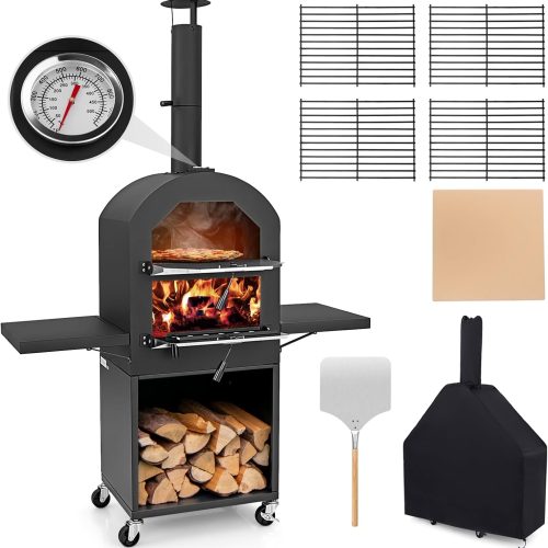 Pizza Oven Outdoor - Wood Fired Pizza Oven with 2 Side Tables, Pizza Stone, Pizza Peel, Cover, Cooking Grids, Pizza Maker on Wheels for Outside Charcoal Grill Backyard Party Camping